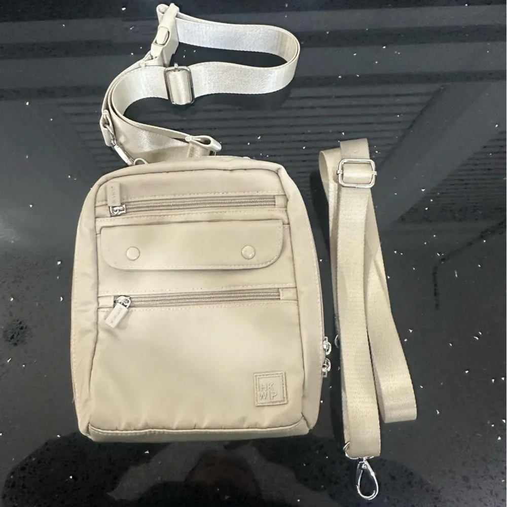IHKWIP Nylon Multi-Pocket Everyday Essentials Crossbody Bag Tan Beige 2 straps